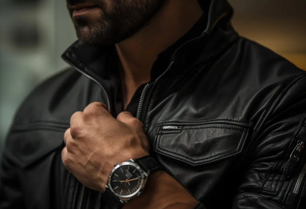 man matching watch with leather jacket