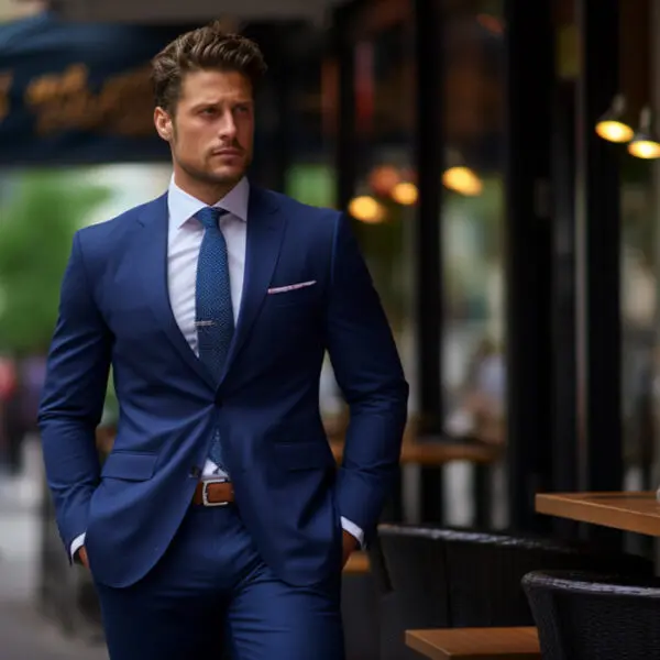 man walking and wearing navy blue suit