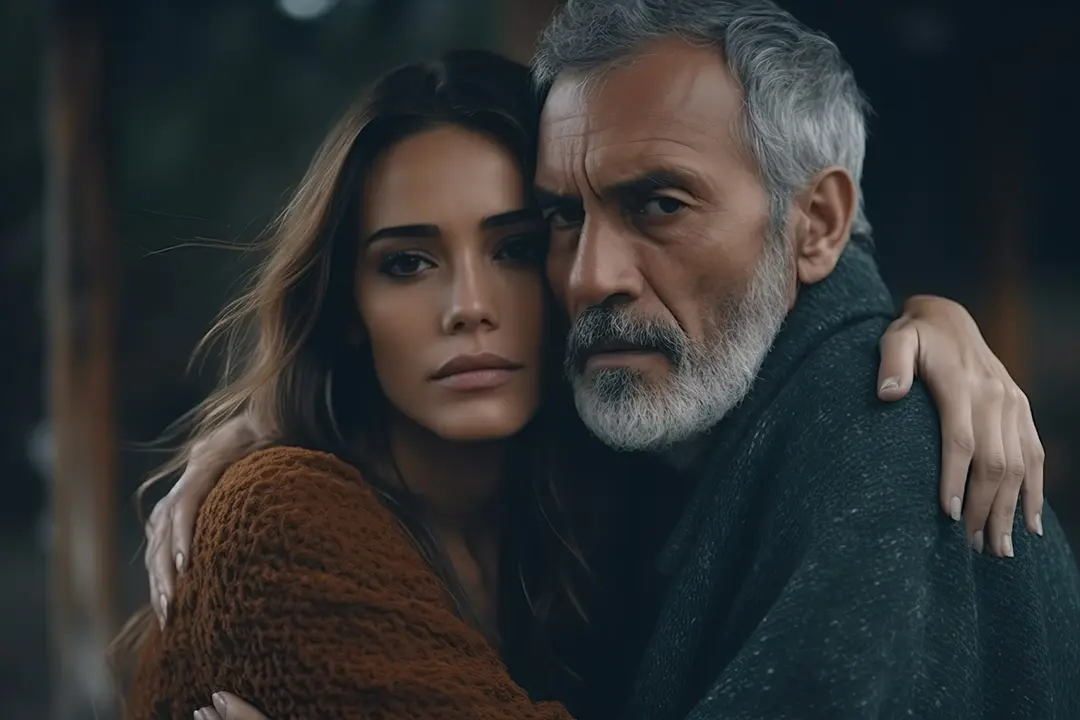 older man holding younger woman 