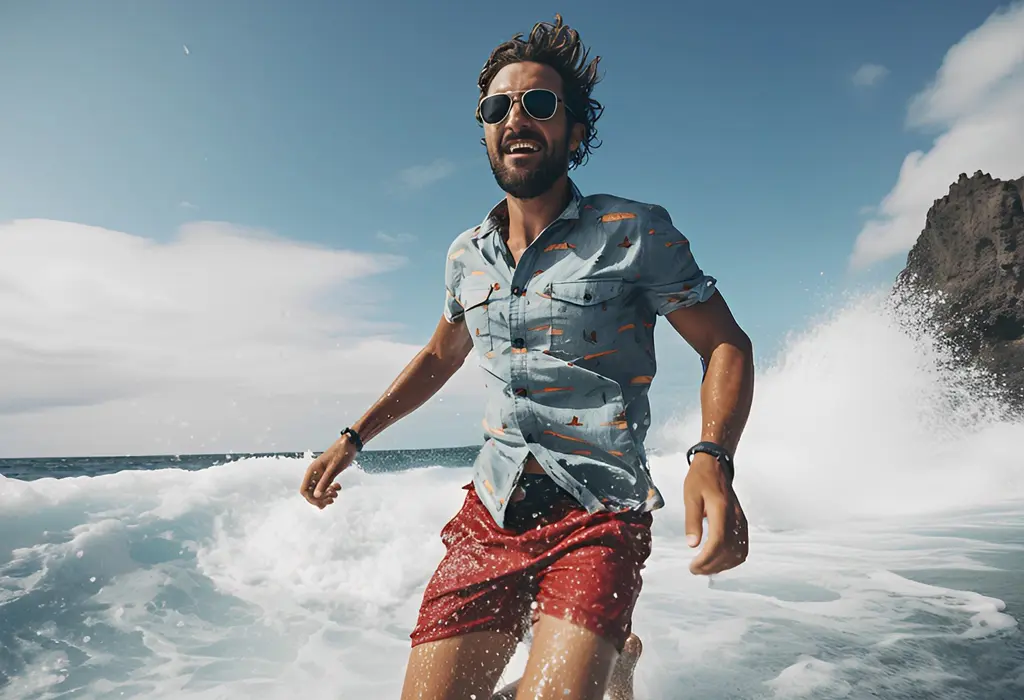 man having sea fun in swim trunks