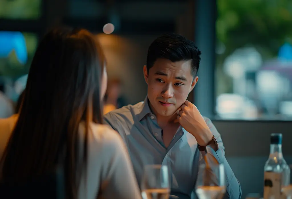 man on a date, sitting across from a woman, appearing mildly nervous, tugging at his shirt collar