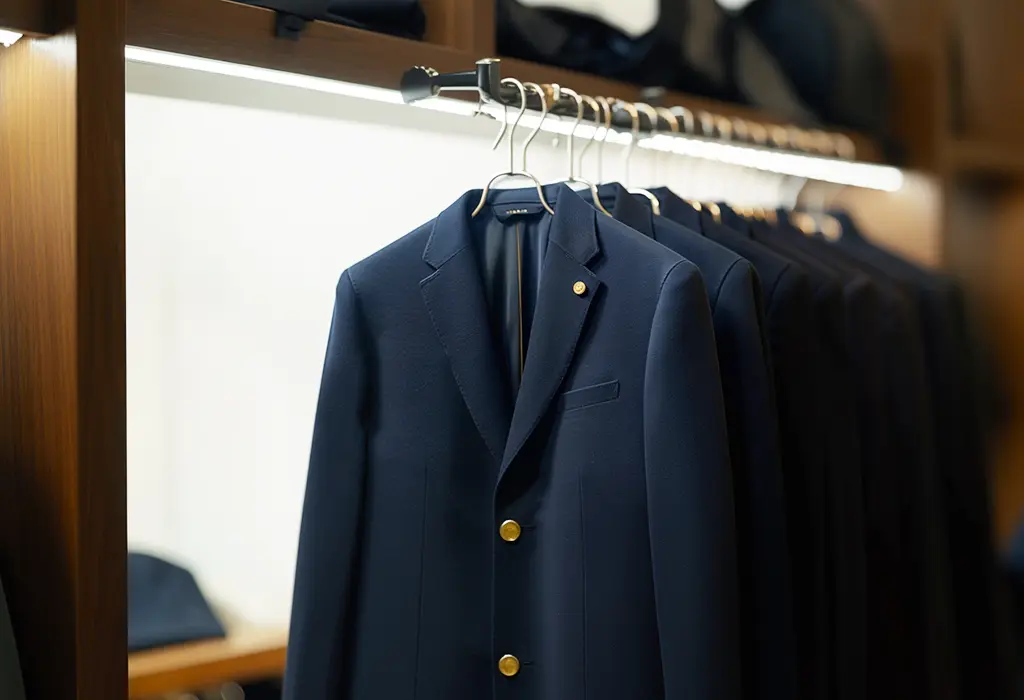 navy blue blazer with classic gold buttons on the rack