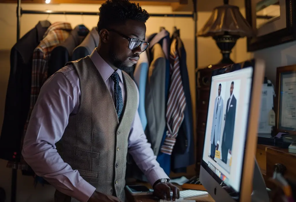 man browsing suits on eBay on a computer