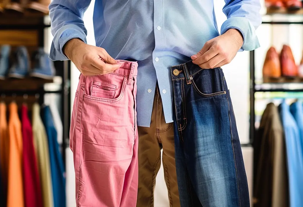 man trying to choose between two different pairs of pants