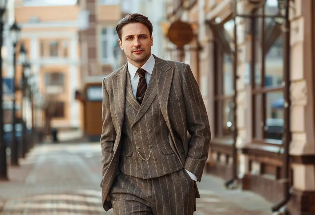 man wearing a vintage pinstripe suit, wide, boxy fit