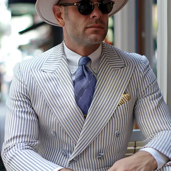 Photo of man wearing vintage 50s style seersucker suit