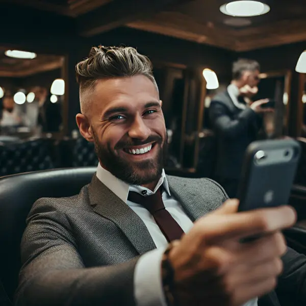 smiling man with smartphone phone