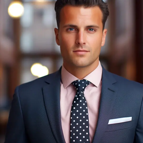 man wearing navy blue suit with polka dot necktie