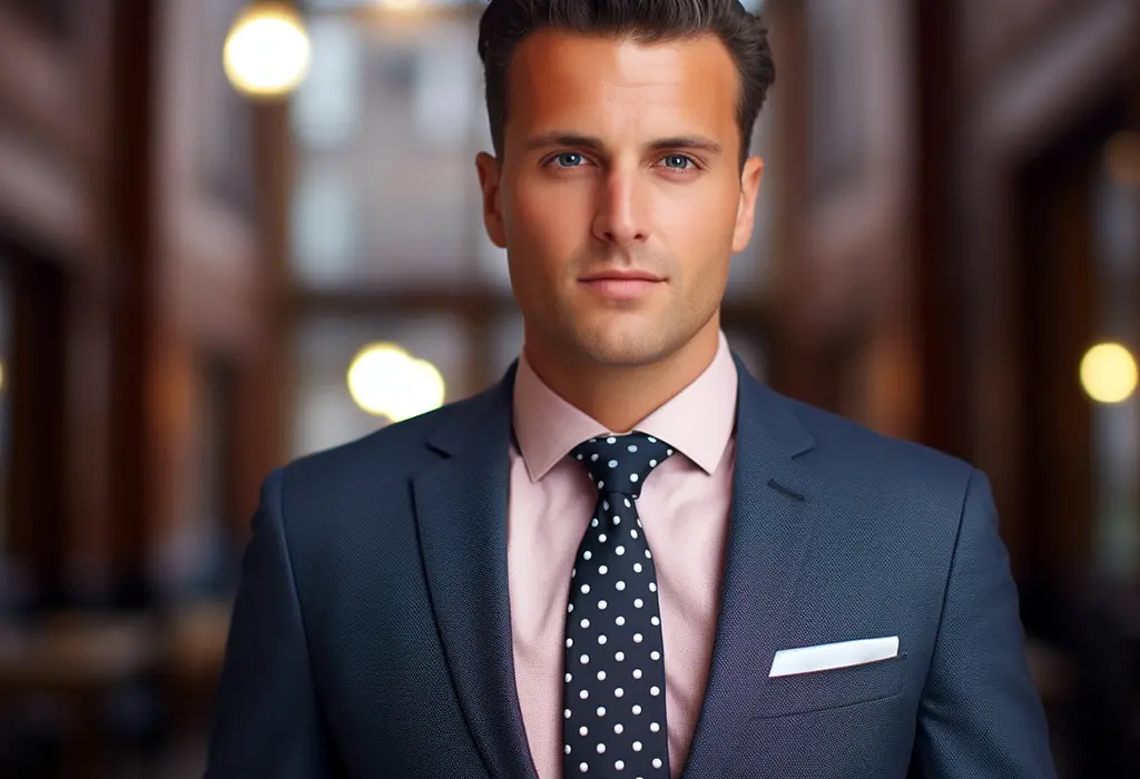 man wearing navy blue suit with polka dot necktie