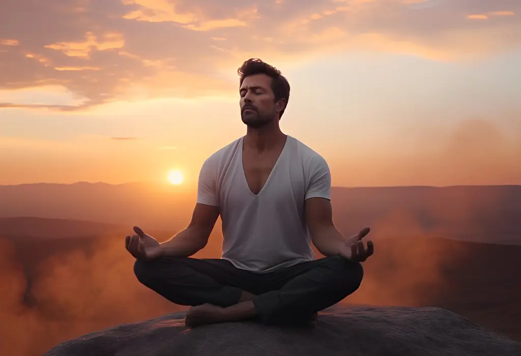 man meditating at the top of the rock