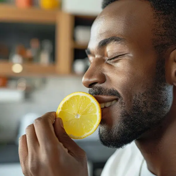 man enjoys the smell of a lemon