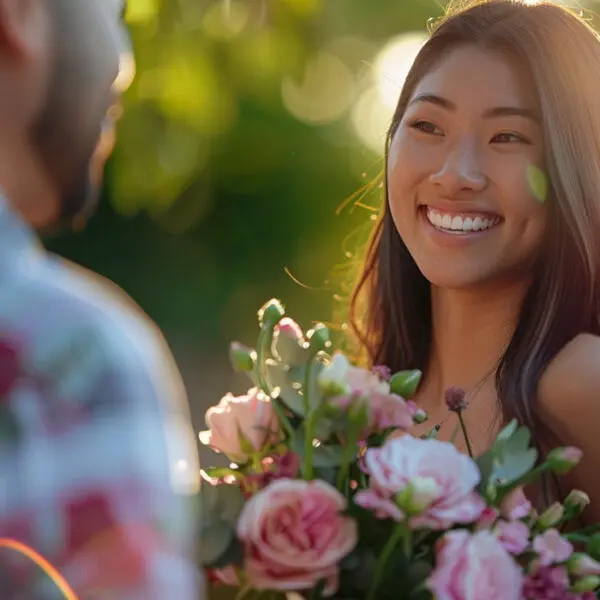 man giving flowers to happy woman