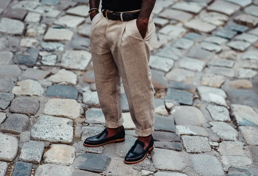 man wearing relaxed-fit beige linen pants with a black t-shirt, black leather belt, and black loafers