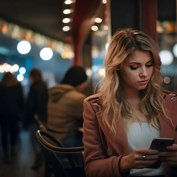 a woman holding her phone about to give a man her number