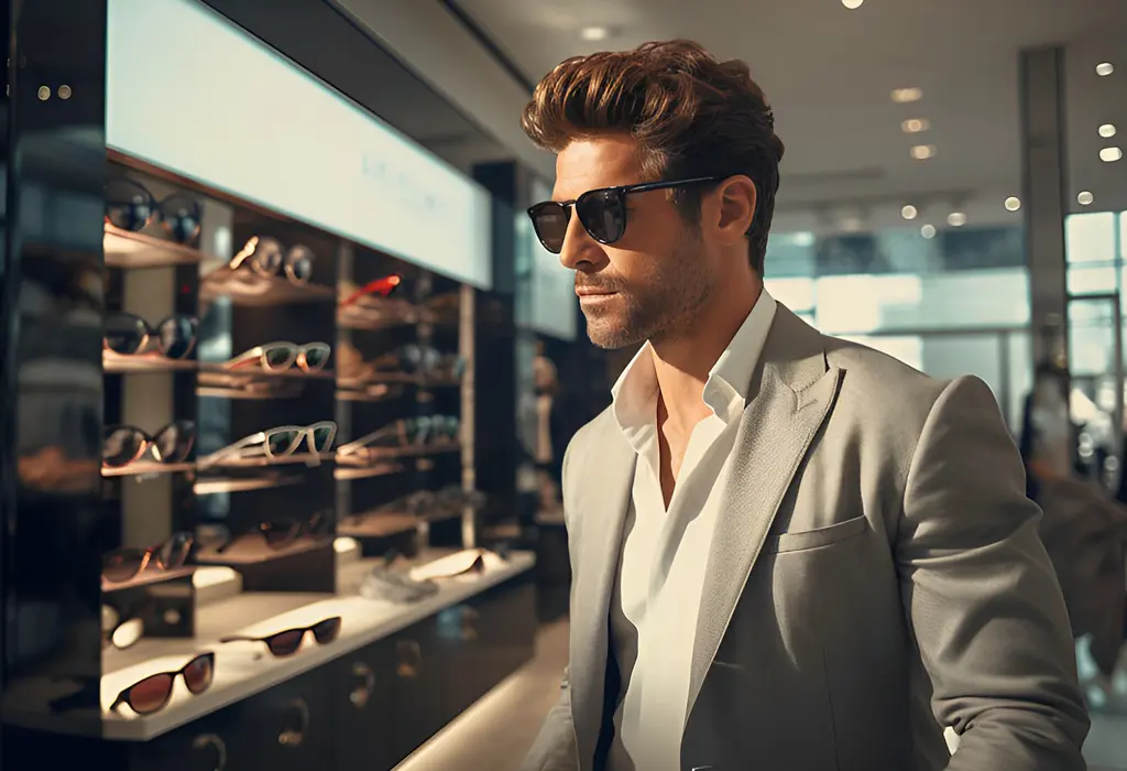 man shopping for sunglasses