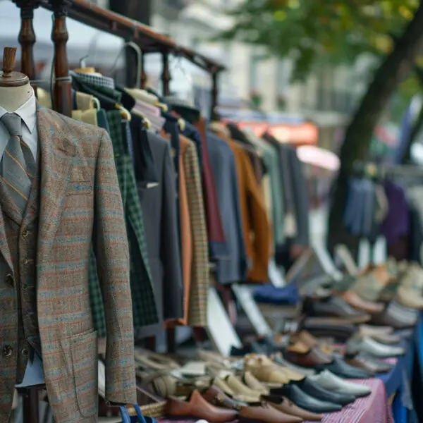 suits and other clothing on outdoor clothing racks at an outdoor flea market