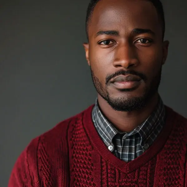 man in shirt and v-neck dark red sweater