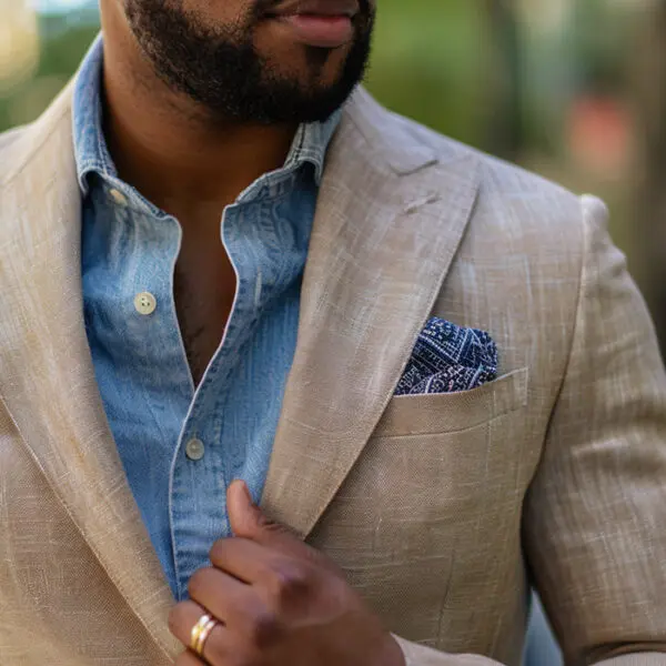 Man wearing a tan linen suit with a blue denim shirt for a date