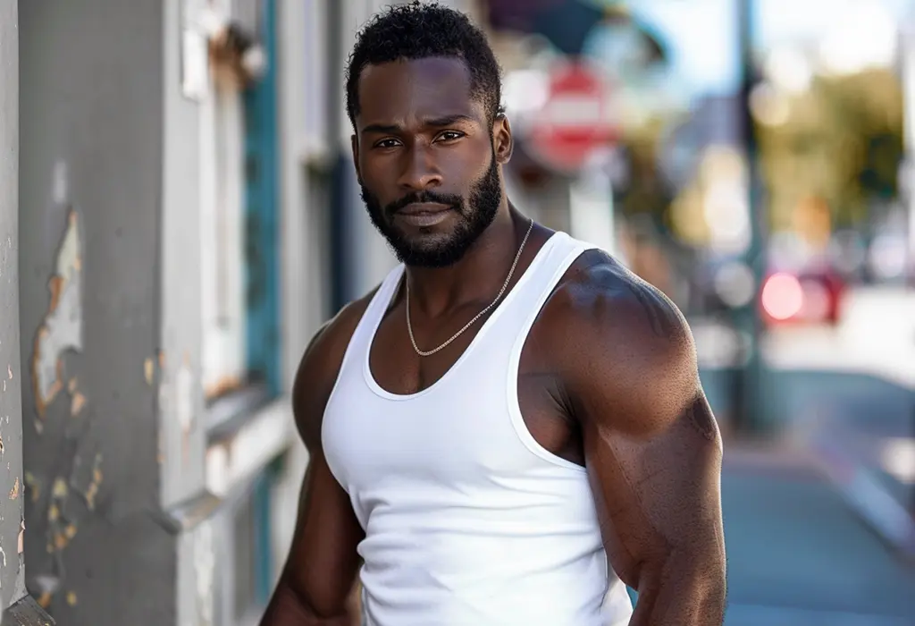 black man in white tank top