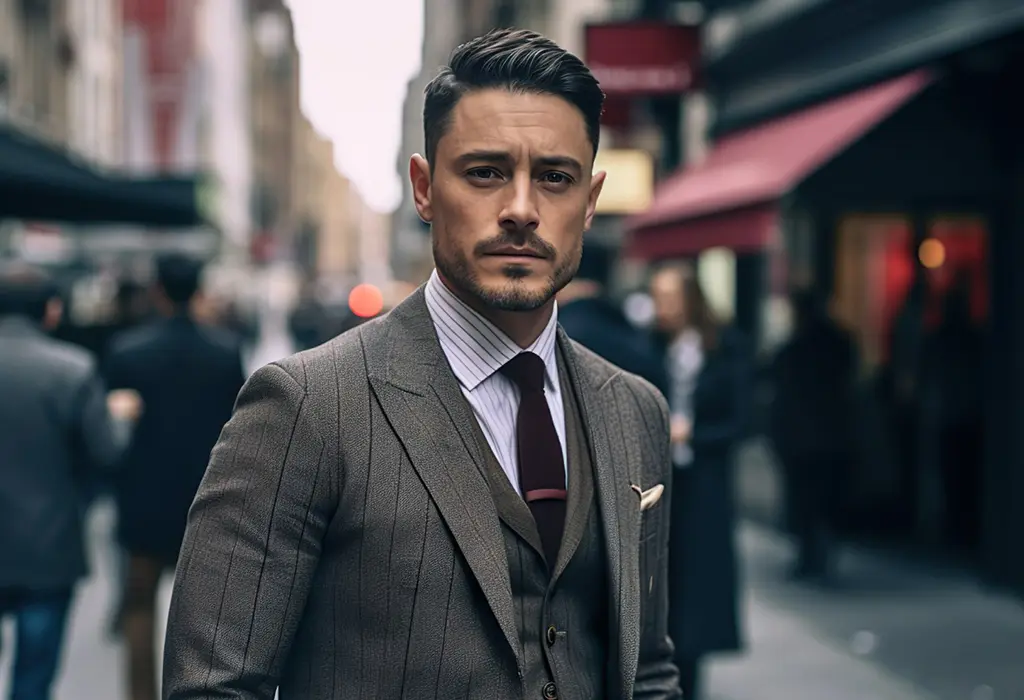 man on the street with Side Part Hairstyle wearing three piece suit