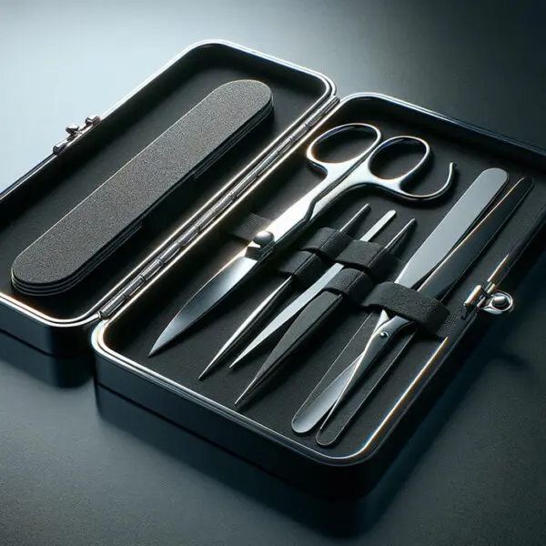 A manicure and pedicure set neatly arranged in a metallic case, with instruments for nail care highlighted by the sharp contrast and elegant presentation