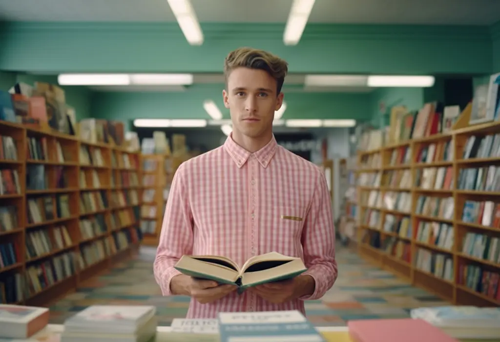 student in a library with open book