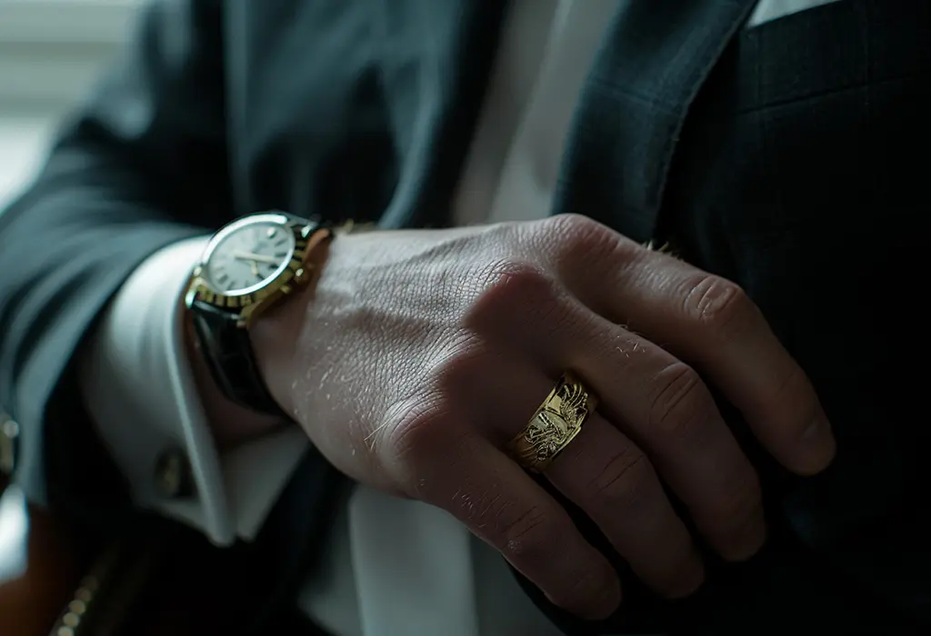 man’s wrist wearing a slim, classy watch, cartier style, with an engraved signet ring