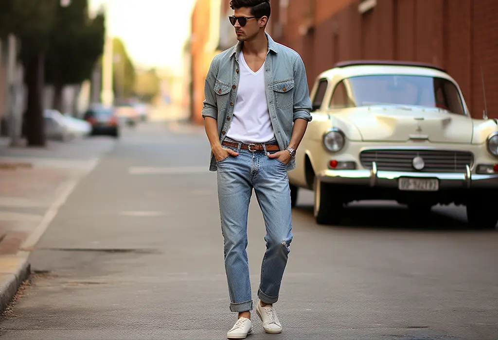 man walking in 501 levi's jeans and denim shirt