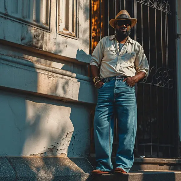 man in wide leg jeans