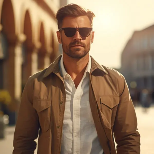 A confident man wearing sunglasses, a casual khaki shirt jacket, and a white shirt stands on a sunlit city street, a hint of urban life bustling in the softly focused background.